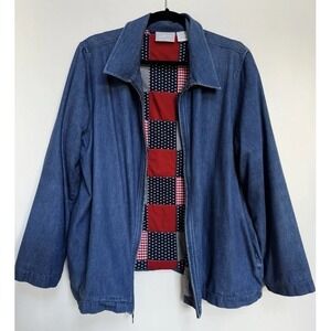 Vtg Blair Denim Jacket Coat L Plaid USA Red White‎ Blue Flannel Patchwork Boho